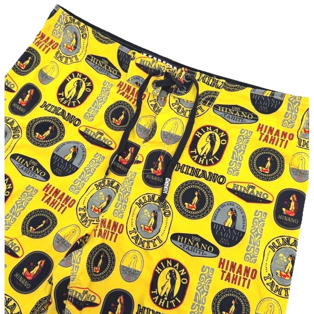 Hinano Tahiti Board Shorts Mens 36 Yellow Beer Logo AOP Tropical Swim Trunks